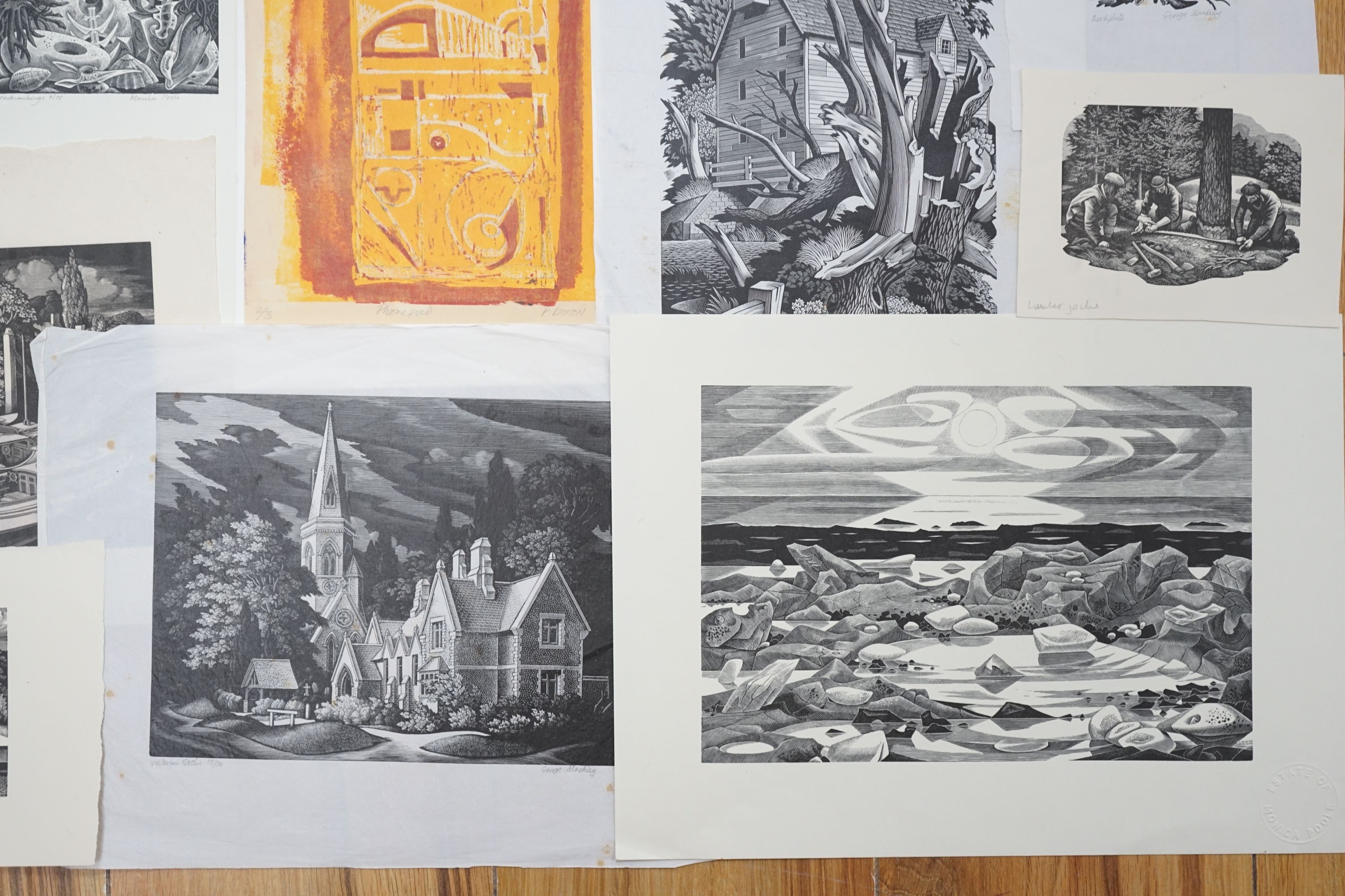 A folio of assorted woodblock prints by Monica Poole, George Mackley and P. Dixon, largest 15 x 20cm